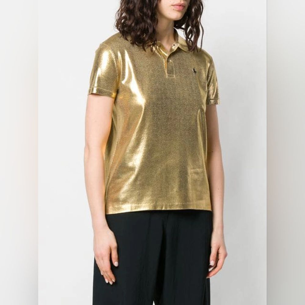 Ralph Lauren Purple Label Collection Metallic Gold Polo Shirt Size L